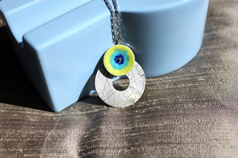 Silver pendant with enamel - Lime green, sapphire and cobalt blue - READY TO SHIP