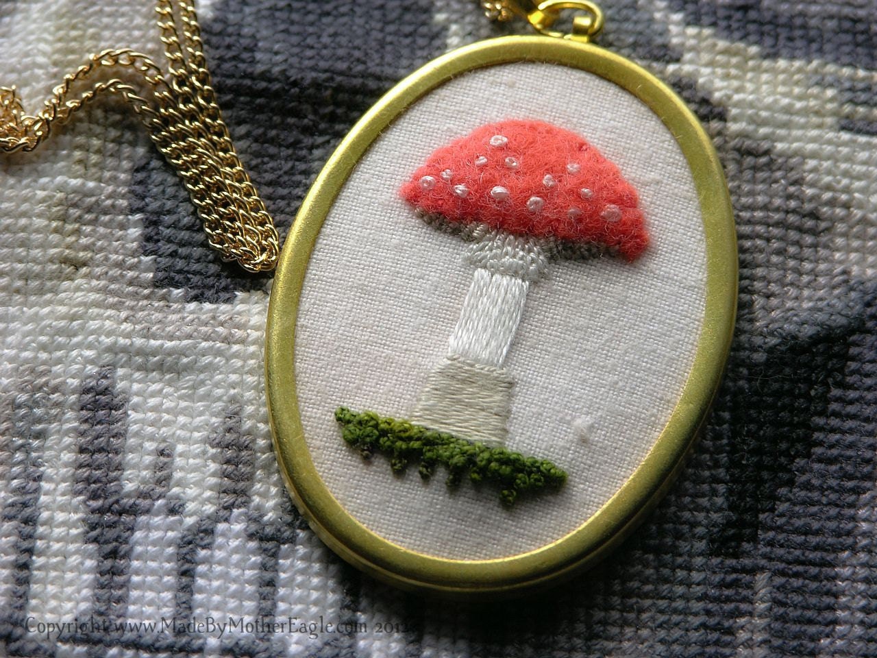 Toadstool Pendant, Fly Agaric Hand-Embroidered Miniature Stumpwork. MADE TO ORDER
