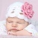 Treasury Item - White Newborn Baby Scalloped Hat with 3 Flowers - You Choose Colors (Great Photography Prop)