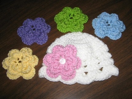 Treasury Item - White Newborn Baby Scalloped Hat with 3 Flowers - You Choose Colors (Great Photography Prop)