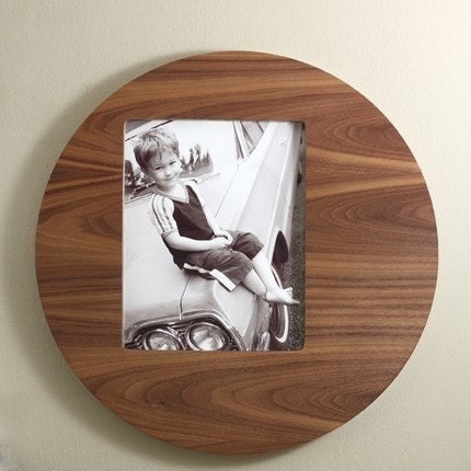 Round Mid Century Modern picture frame wood walnut veneer 4x6 or 5x7