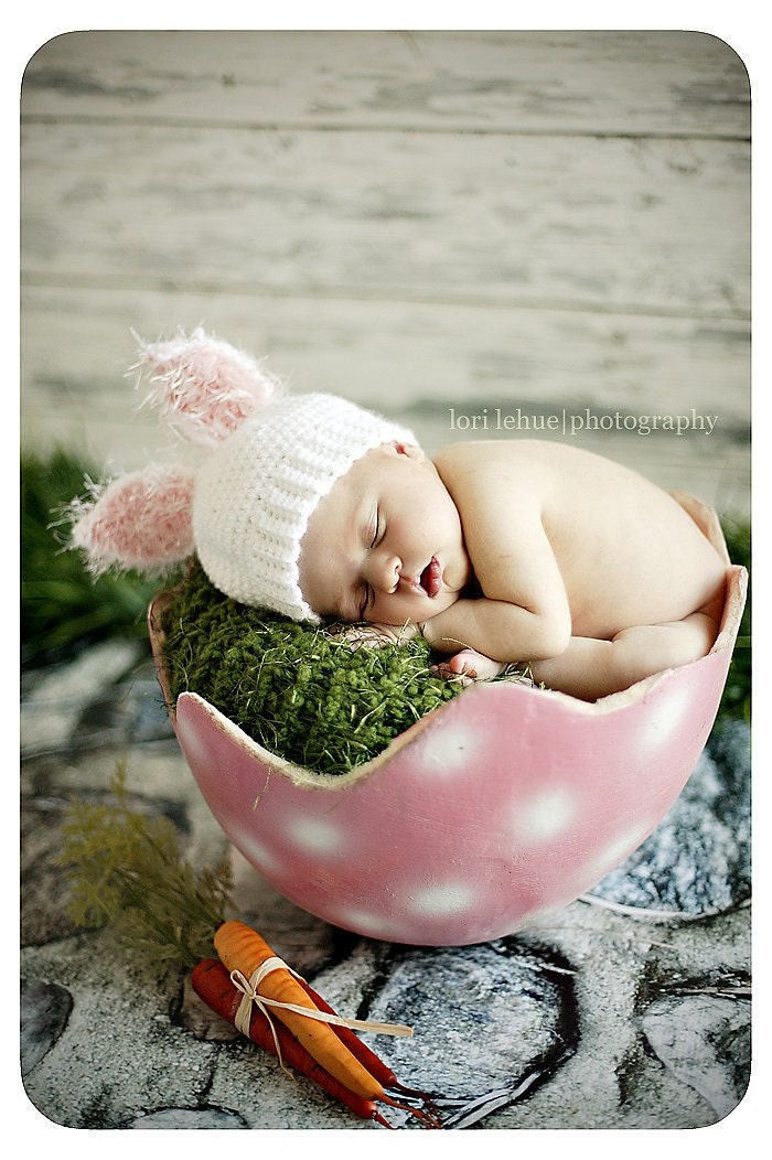 Crochet White Baby Bunny Hat  Photography Prop 0 - 3 Months/ Ready to Ship