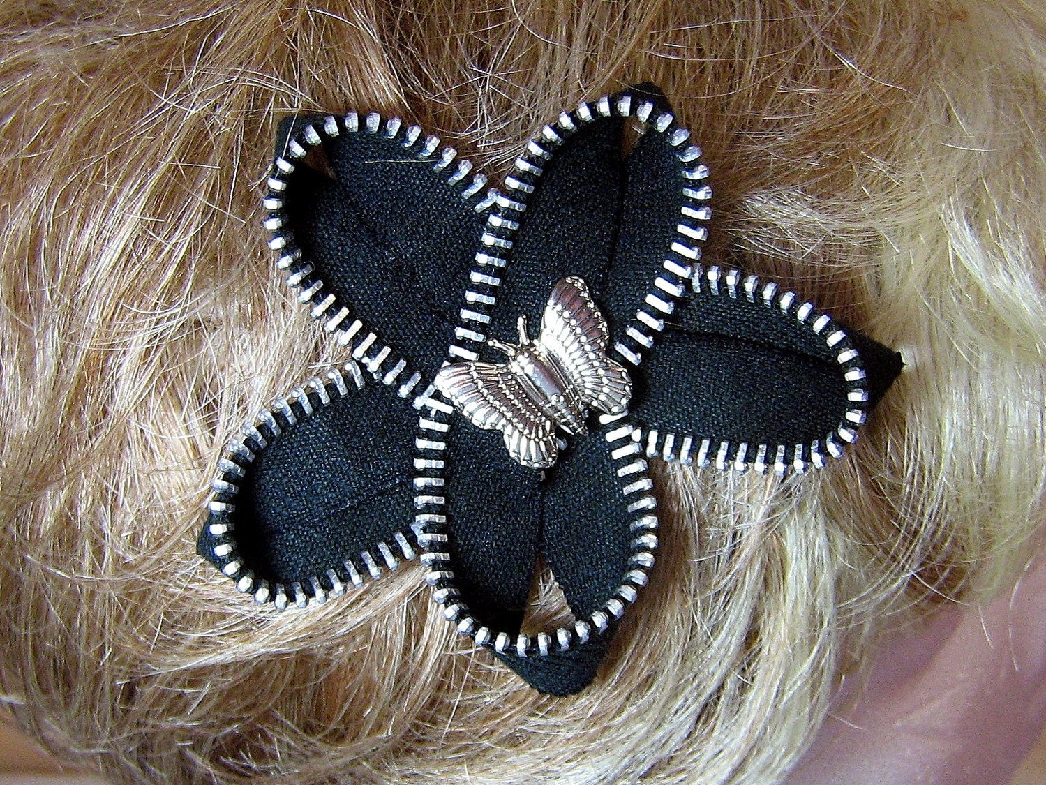 Hair Clip Black Flower with Silvertone Butterfly Vintage Zippers