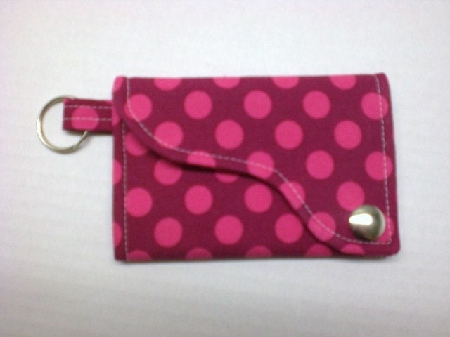 Tri-fold Credit Card / Business Card Holder/ Keyfob  made w/Designer fabric Ta Dot in Fuschia