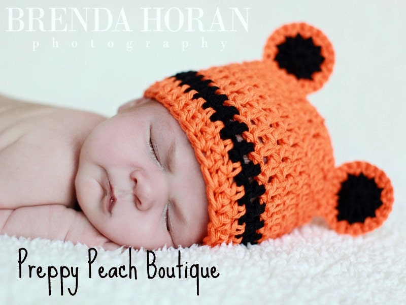 Crochet Baby Hat, Baby Tiger Hat, Photography Prop, Newborn to 3 Months, Auburn Tiger Hat, Photographer Prop