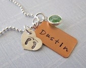 mixed metal custom baby name necklace - hand stamped with footprints and birth stone
