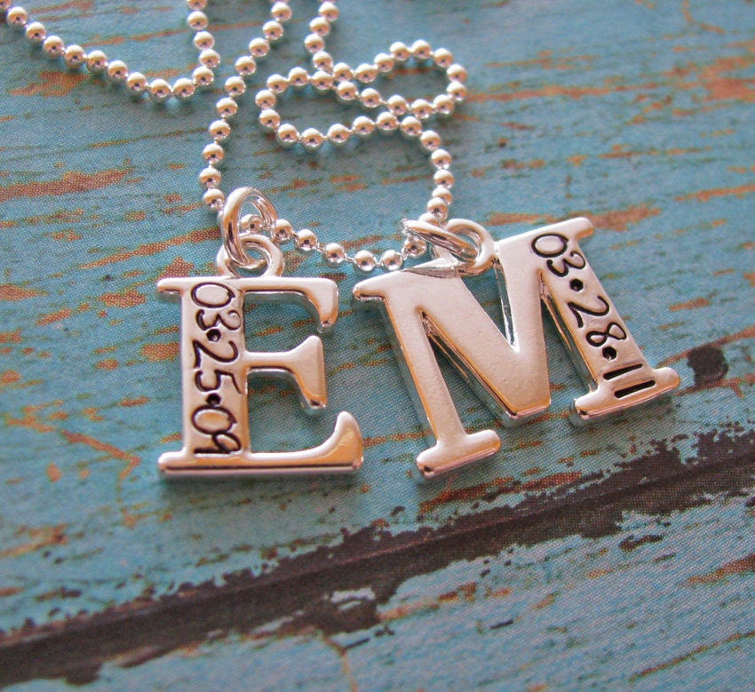 hand stamped double initial with date necklace