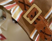 Women's Cloche Brown Gold Orange Stripe with Suede Band  and Wood Buckle