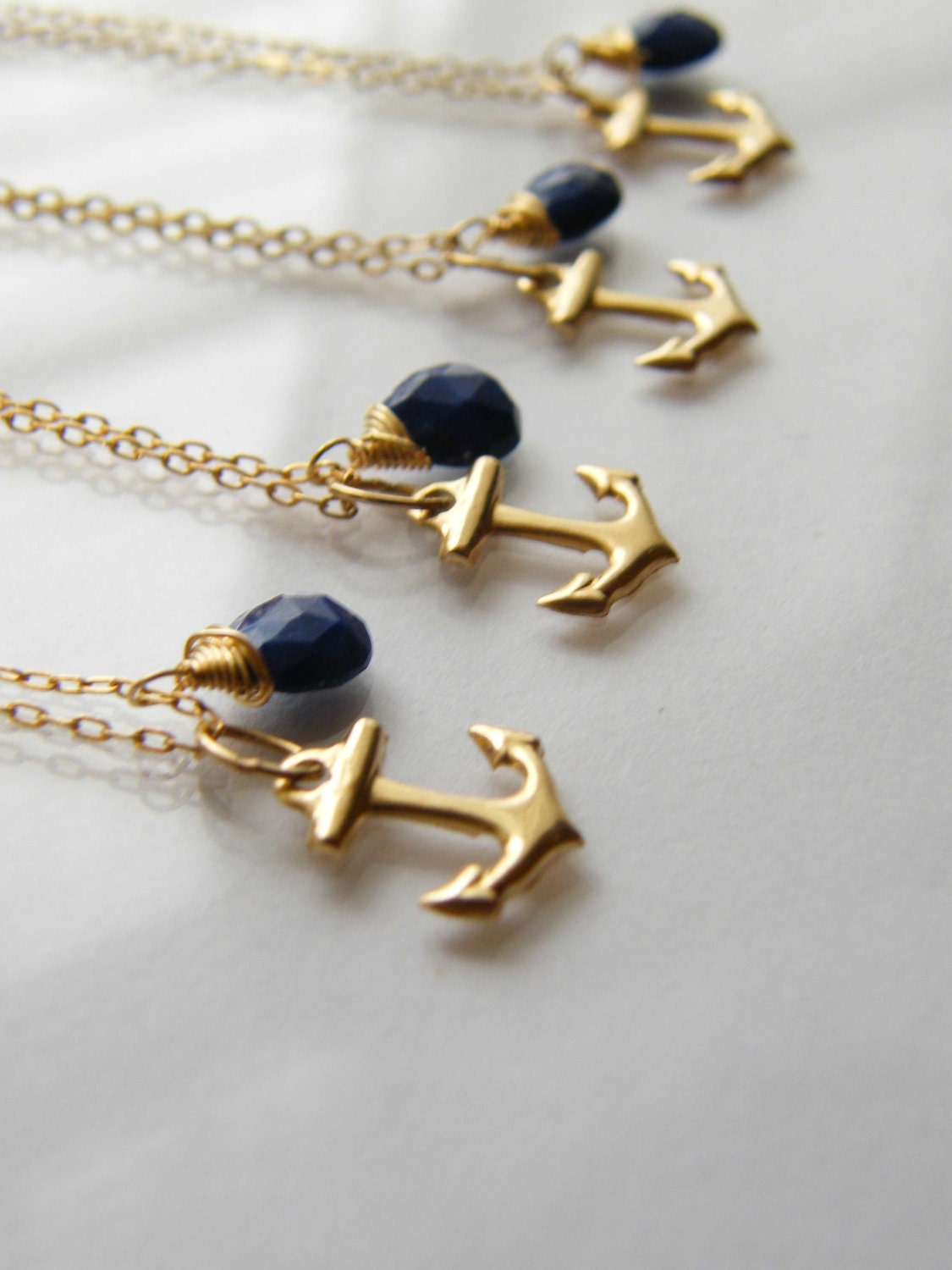 GOLD FILLED Bridesmaids Gift Set of four Gold Anchor Pendant Necklaces - Blue Lapis Lazuli with 14k gold fill Anchor Charm