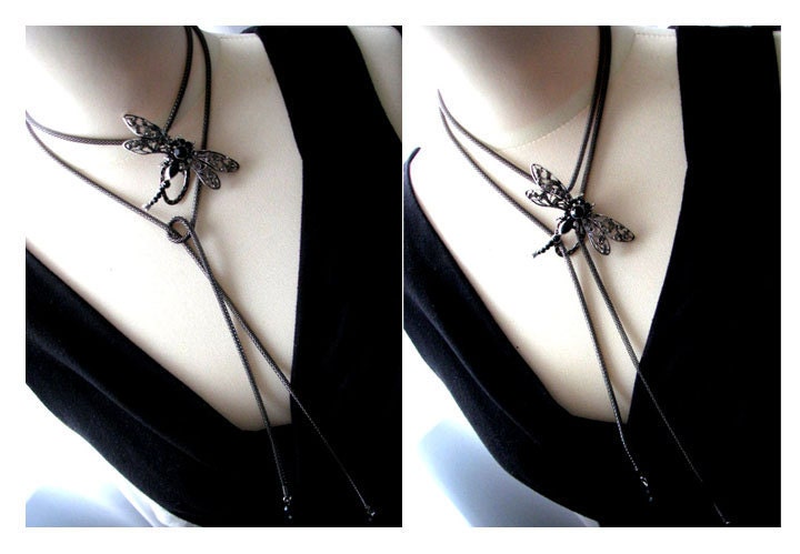 Art Deco Dragonfly Lariat Statement Necklace
