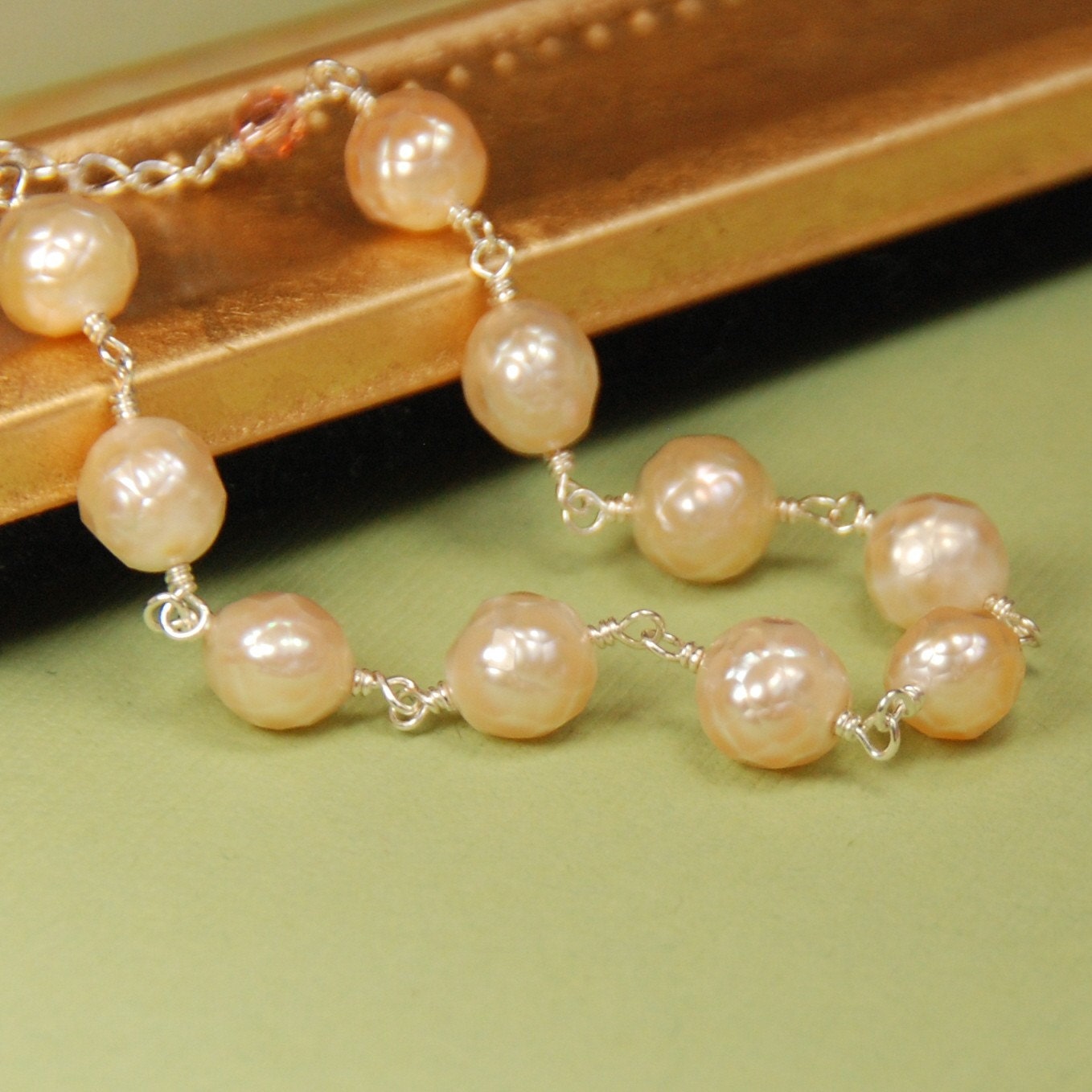Faceted Peach Pearl Bracelet for Weddings, Brides, Bridesmaids in Sterling Silver