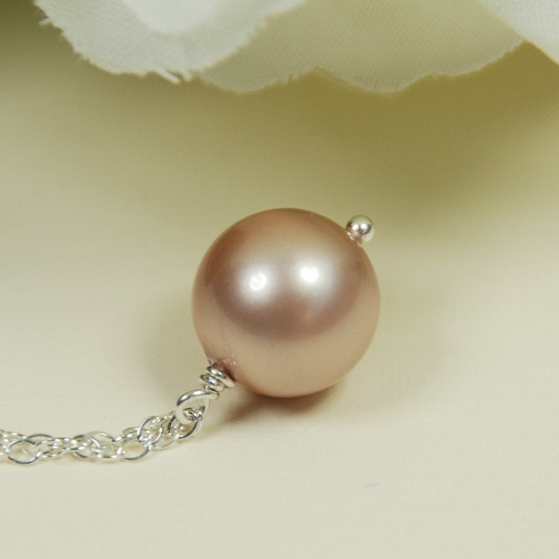 Single Pearl Necklace - Wedding Jewelry, Bridesmaids, Brides - Swarovski Powder Almond Pearl in Sterling Silver - Color Choice Available