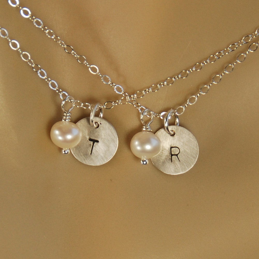 Initial Charm Necklace, Flower Girl Necklace, Personalized Child Necklace, Wedding Jewelry - Pearl and Sterling Silver - SET OF TWO