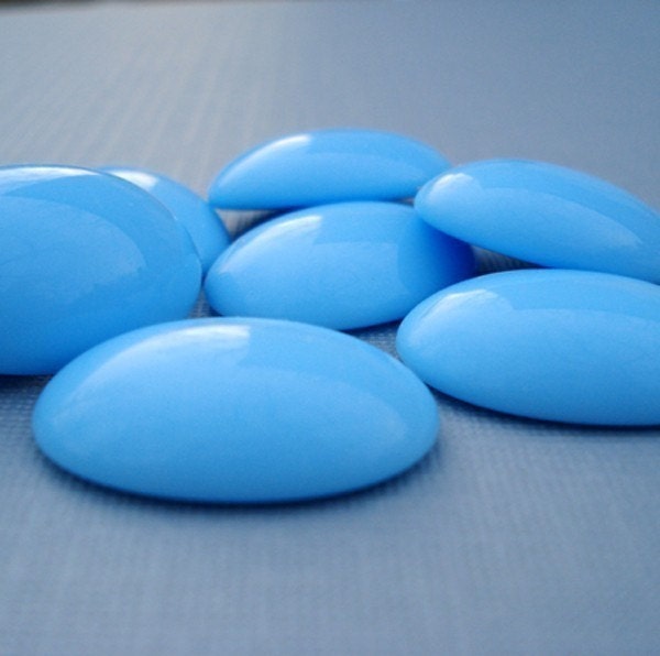 Vintage 25x18mm Opaque Sky Blue Oval Flat Back Glass Cabochon (1 Piece)
