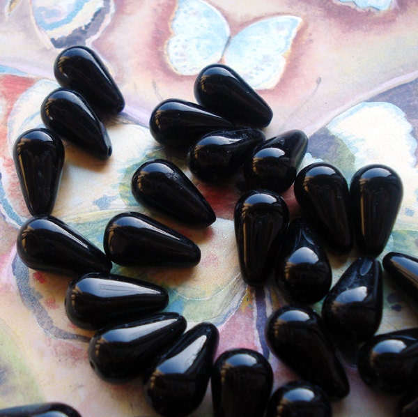 Vintage 16x9mm Czech Jet Black High Polished Pear/Tear Drop Beads (6 pieces)