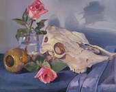 Oil Painting - "Cow Skull and Blush Roses" - Original Art by Sarah Sedwick 11x14in