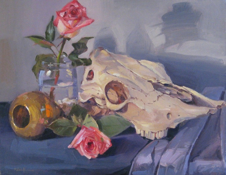 Oil Painting - "Cow Skull and Blush Roses" - Original Art by Sarah Sedwick 11x14in