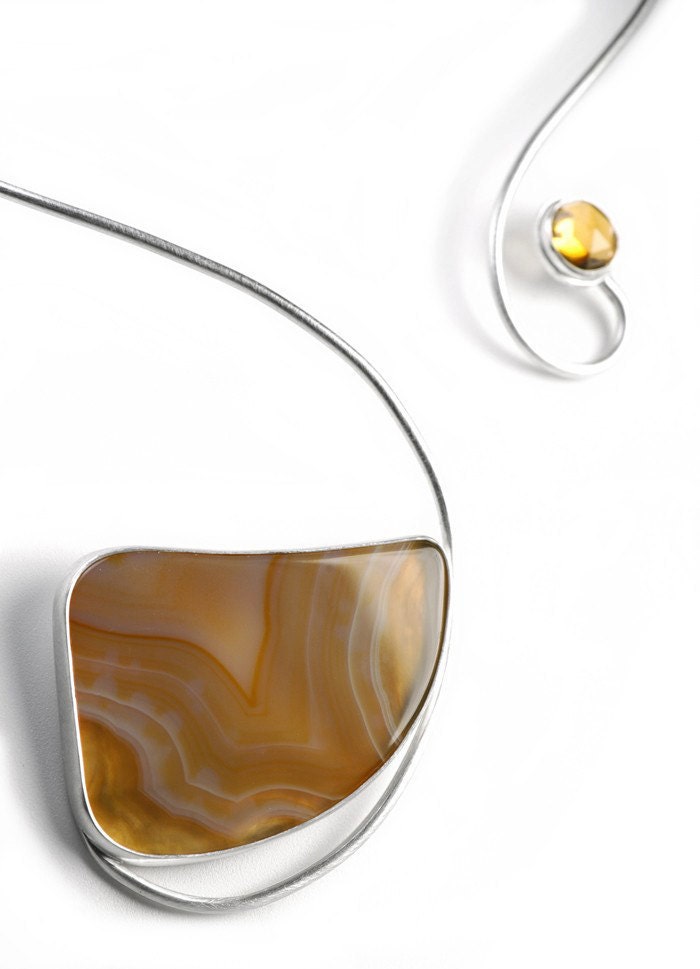 tendril- sterling silver necklace with brazilian agate and citrine