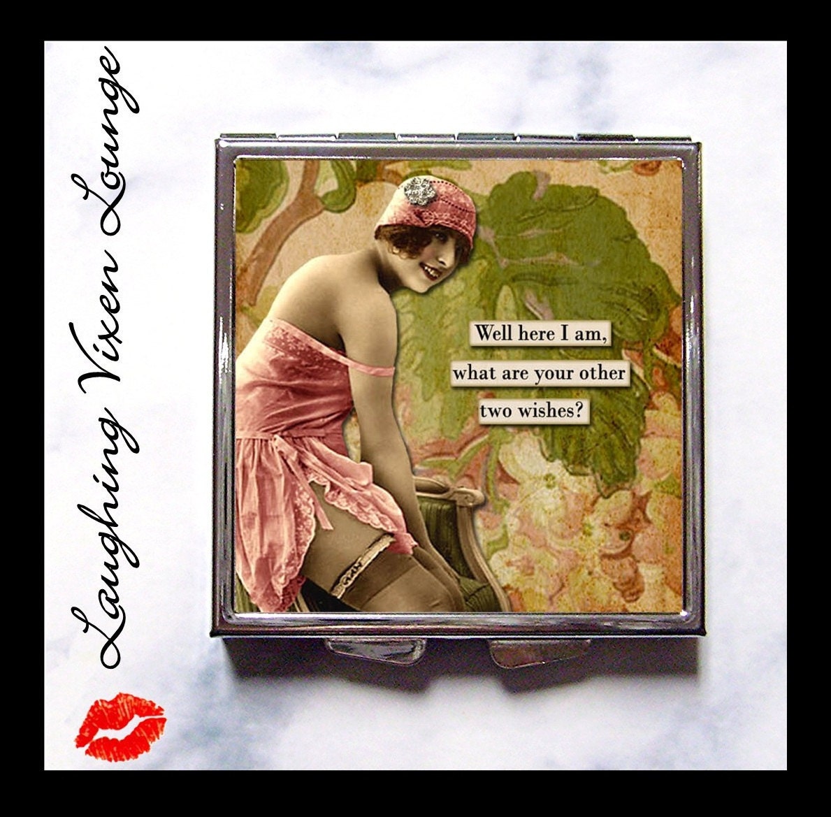 Compact Mirror - Pill Box - Funny Vintage Ladies "Wishes" - Whimsical Retro Humor - Sassy Women - Vintage Retro Women - Pill Case