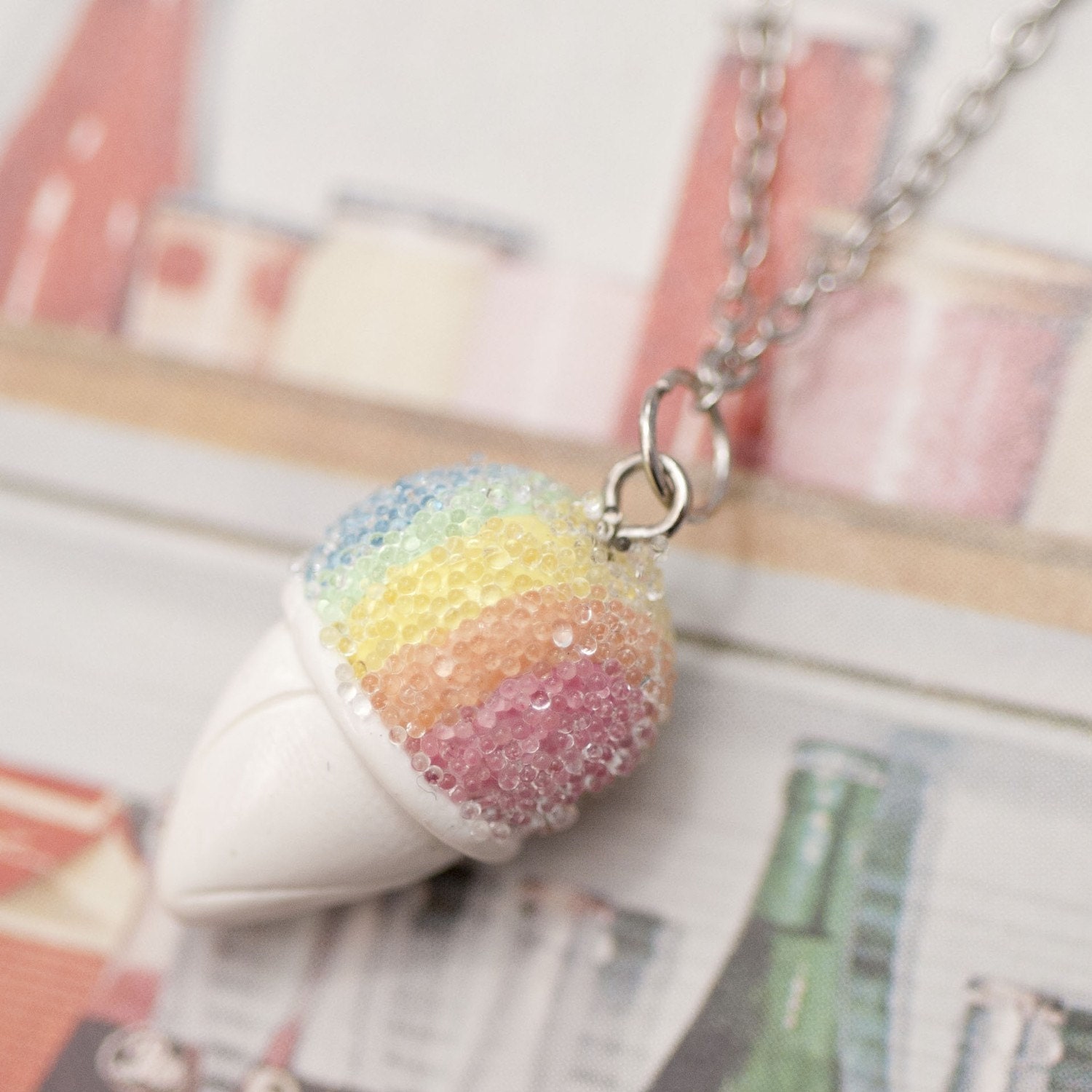 Necklace - Pastel Rainbow Snow Cone Shaved Ice Handmade by Roscata