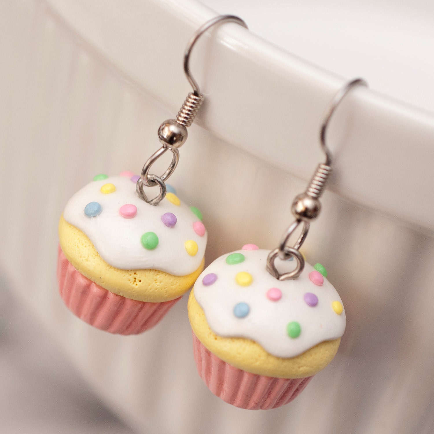 Earrings - Yellow Cake Pink Cupcakes with Vanilla Frosting and Sprinkles Handmade by Roscata