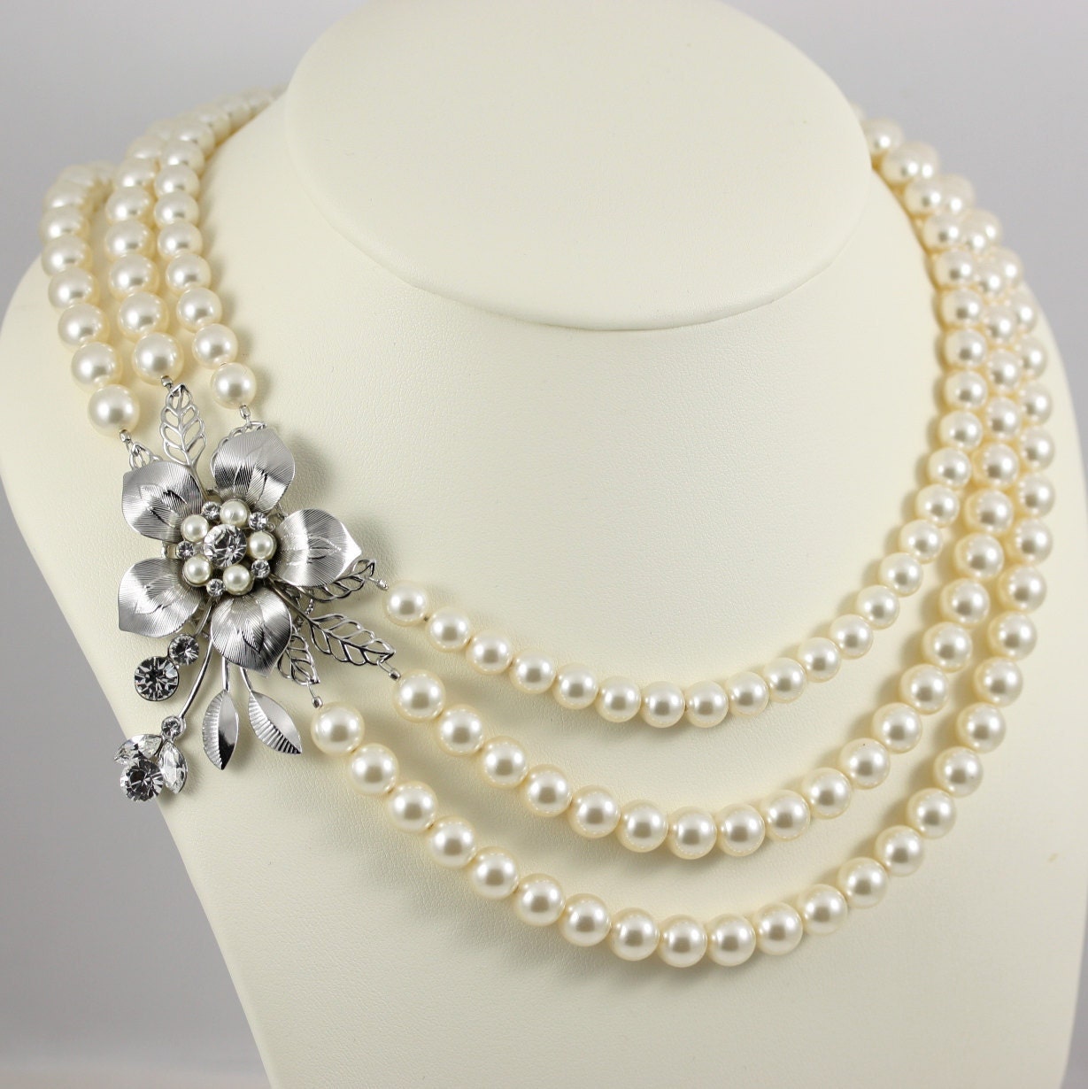 Pearl Bridal Necklace,  Flower Necklace, Vintage Wedding Jewelry, Triple Strand Necklace, Pearl Necklace GAEA 2