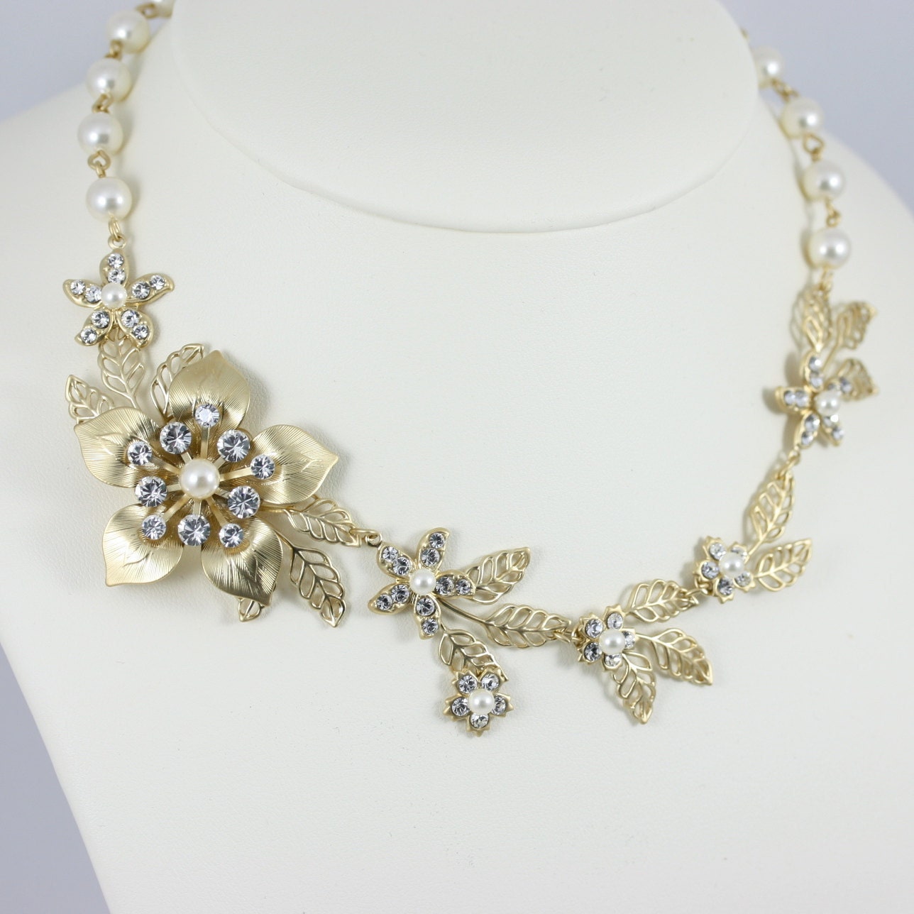 Floral Necklace, Russian Gold, Vintage Leaves, Gold Wedding necklace, Wedding Jewelry, Flower Necklace GAEA