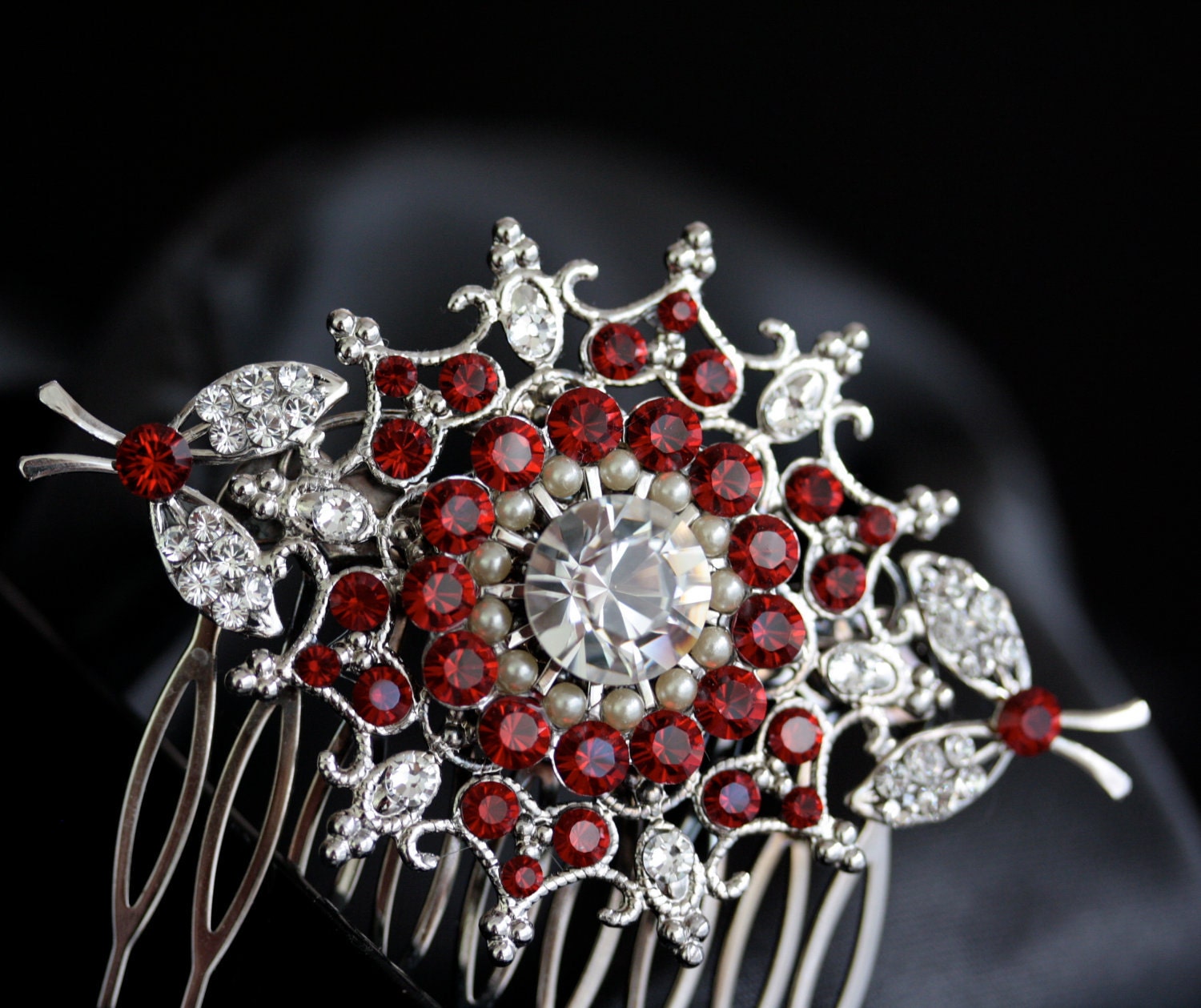 Rhinestone Hair Comb, Vintage Filigree, Red Rhinestone Bridal comb, Wedding Hair Accessories  . KIRIE