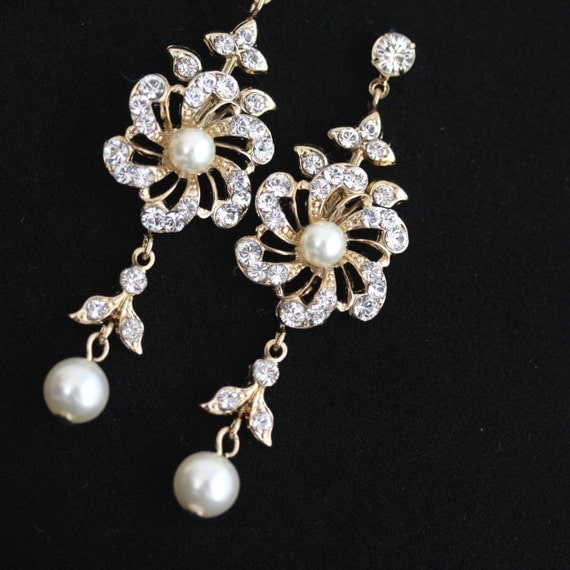 Gold Rhinestone Earrings with Ivory Pearl, Flower Bridal Earrings, Gold Wedding Jewelry ,DECO SABINE 2