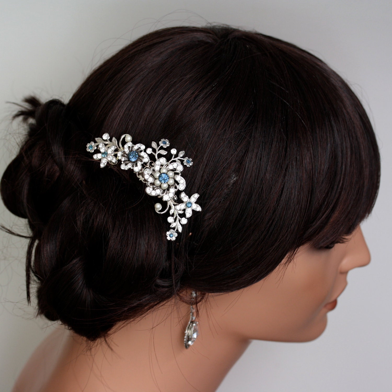 Wedding Hair Comb Blue Wedding Hair Accessories Something Blue Pearl Rhinestone Flowers   SABINE Choose your Blue