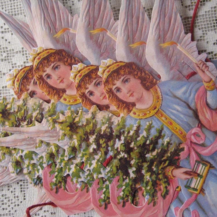 England Paper Large Scraps Garland Lithograph Die Cut Angels With Christmas Trees