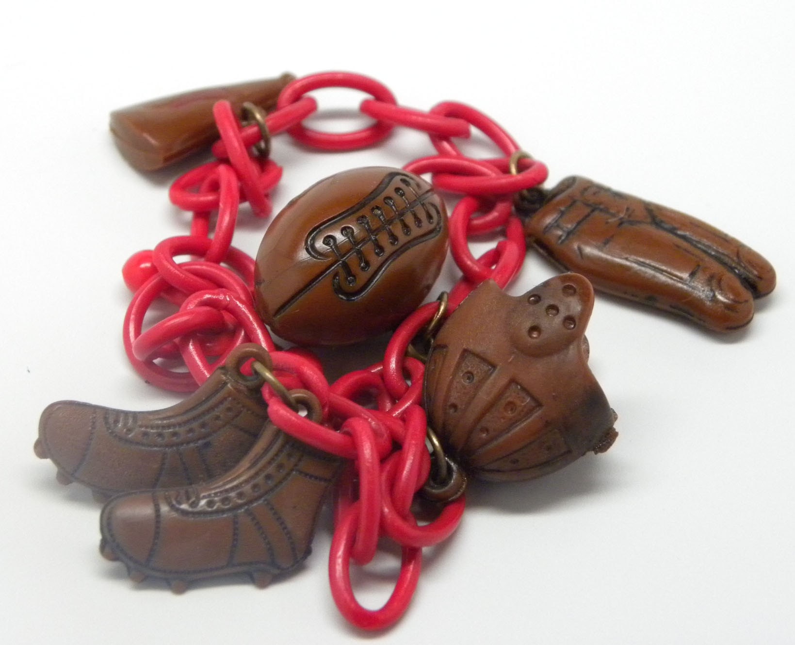 1930's Antique  FOOTBALL Theme Realistic CHARM BRACELET Red Celluloid Chain