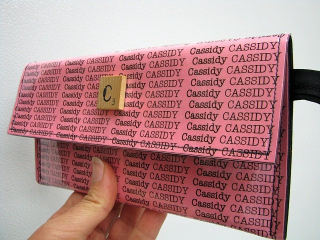 Birthday Party Favor. Sweet Sixteen Gift.   You PICK wording and color card stock  vinyl clutch wallet with scrabble button