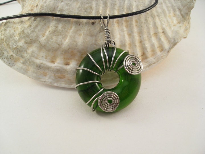Recycled Glass Donut Pendant Green Wire Wrapped