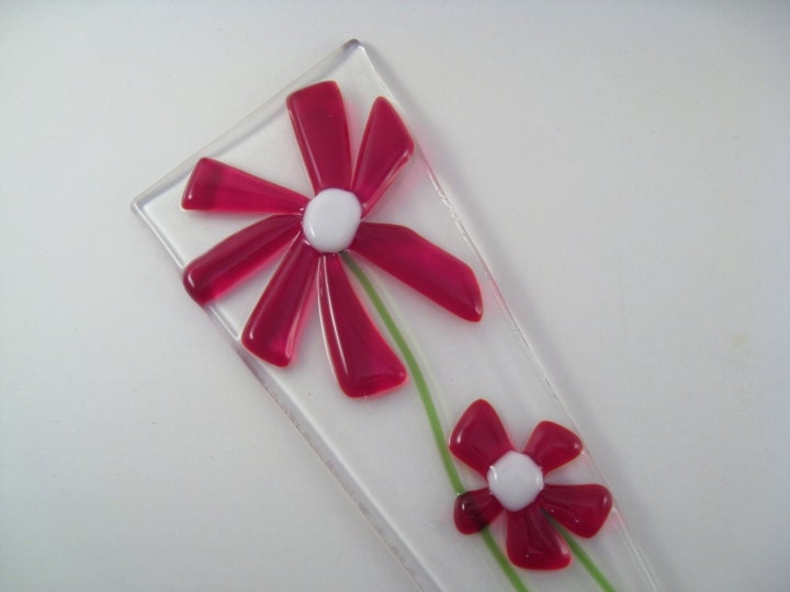 Red Flower Pot Plant Poke Stake - Fused Glass