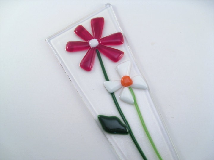 Red White Flower Fused Glass Pot Plant Poke Stake