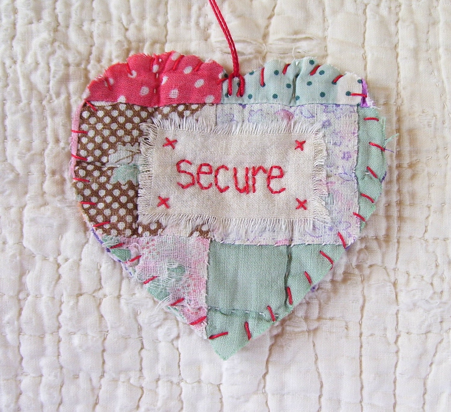 Wordz From the Heart Snippet Ornament  - SECURE - Stitched From Recycled Vintage Quilt Piece