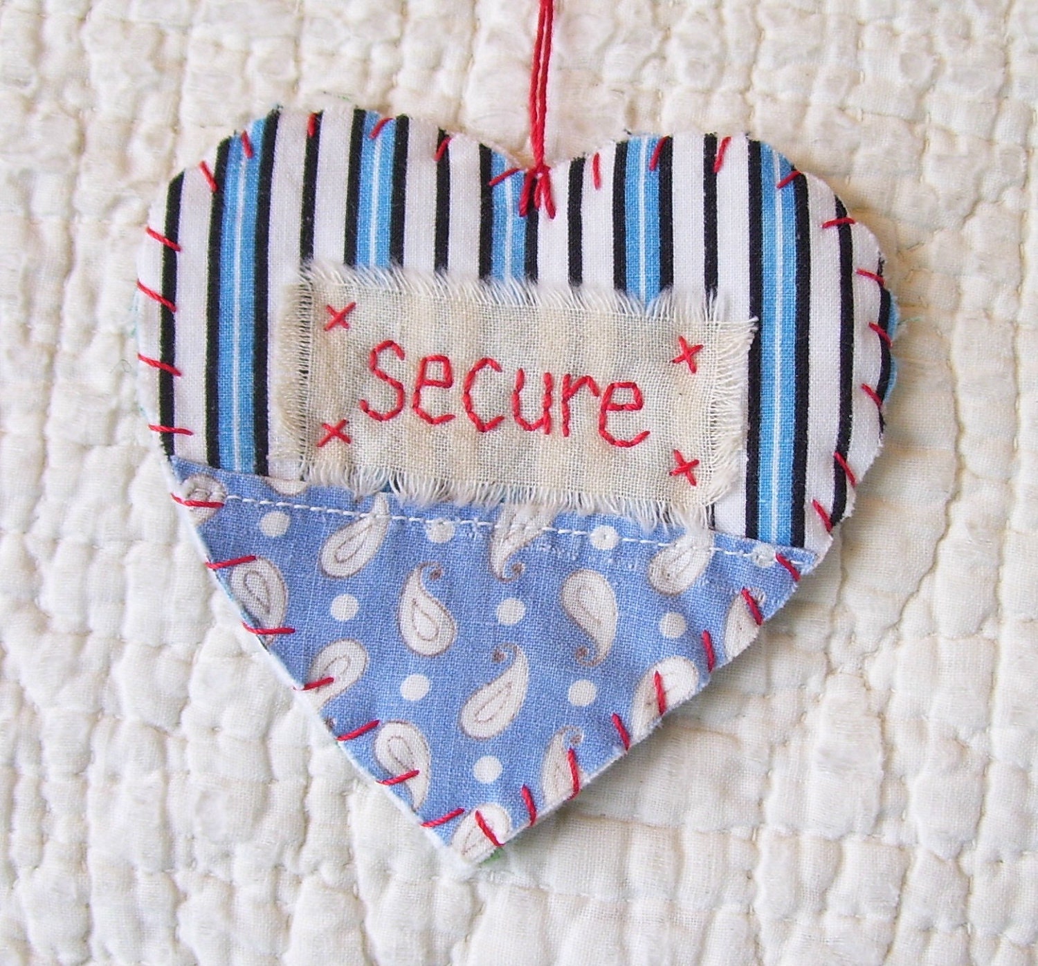 Wordz From the Heart Snippet Ornament - SECURE - Stitched From Recycled Vintage Quilt Piece