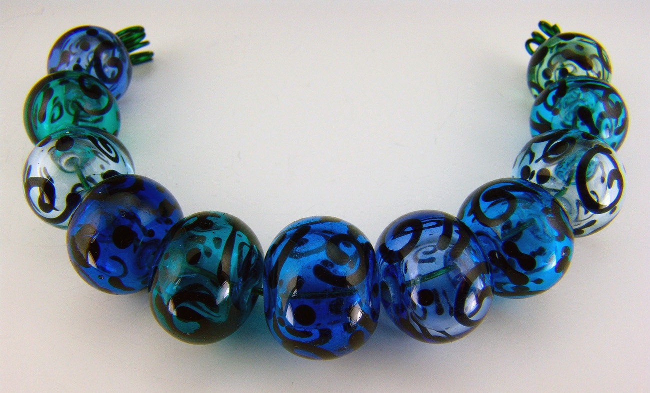 Hollow Lampwork Bead Set Aqua with black doodles (11 beads)
