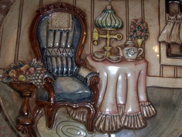 Vintage Plate Wall Hanger Raised Design Ceramic Victorian Decor Scene Tea Time