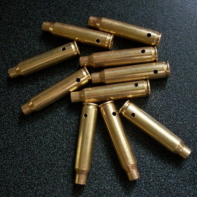 Bullet shell casing pendants, Lot of 10 Brass .223 Bullet Shell Casings, Pre-drilled for your jewelry needs.....Lot 19