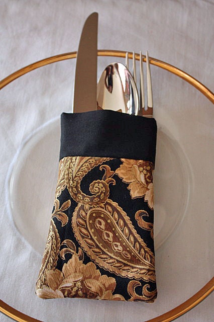 Utensil Pouch Holder Silverware Brown Black Paisley Fabric