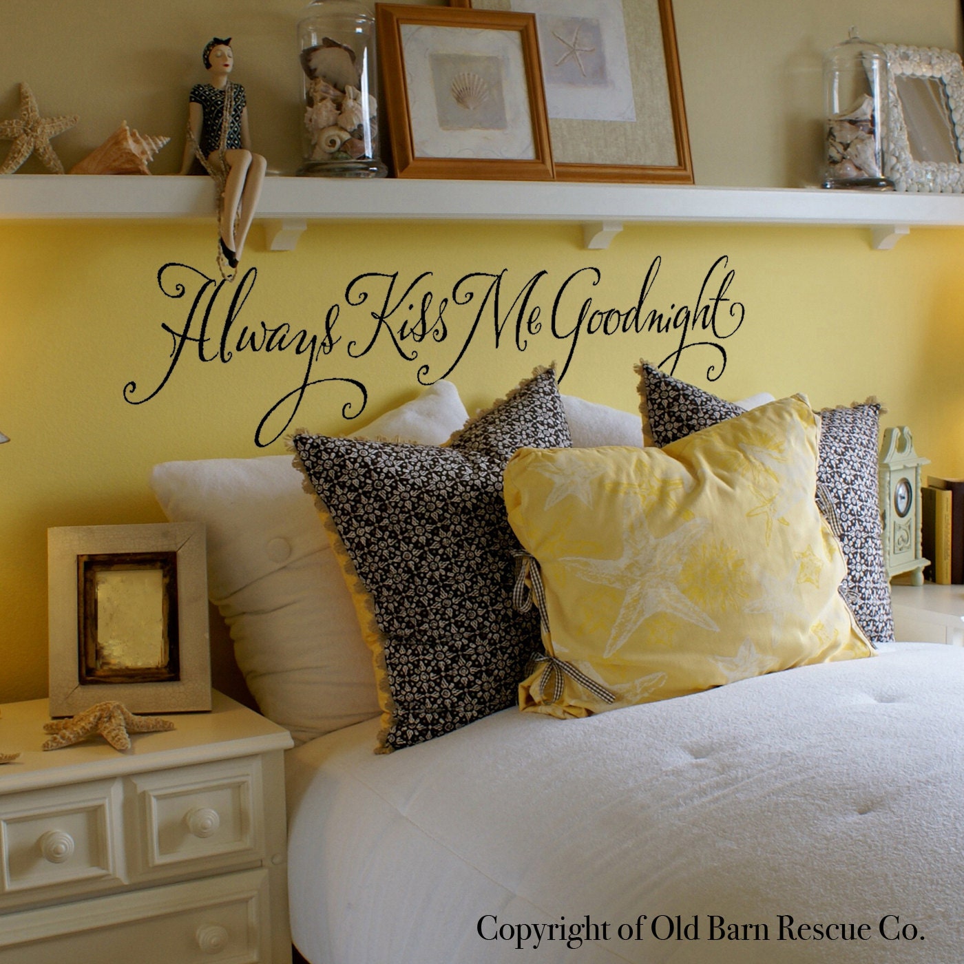 Always Kiss Me Goodnight - romantic wall words vinyl home decor lettering graphic calligraphy old barn rescue company