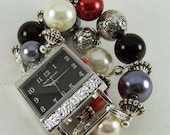 Formal Attire.. Black, Red, Gray and Cream Glass Pearl Interchangeable Beaded Watch Band, Silver Plated