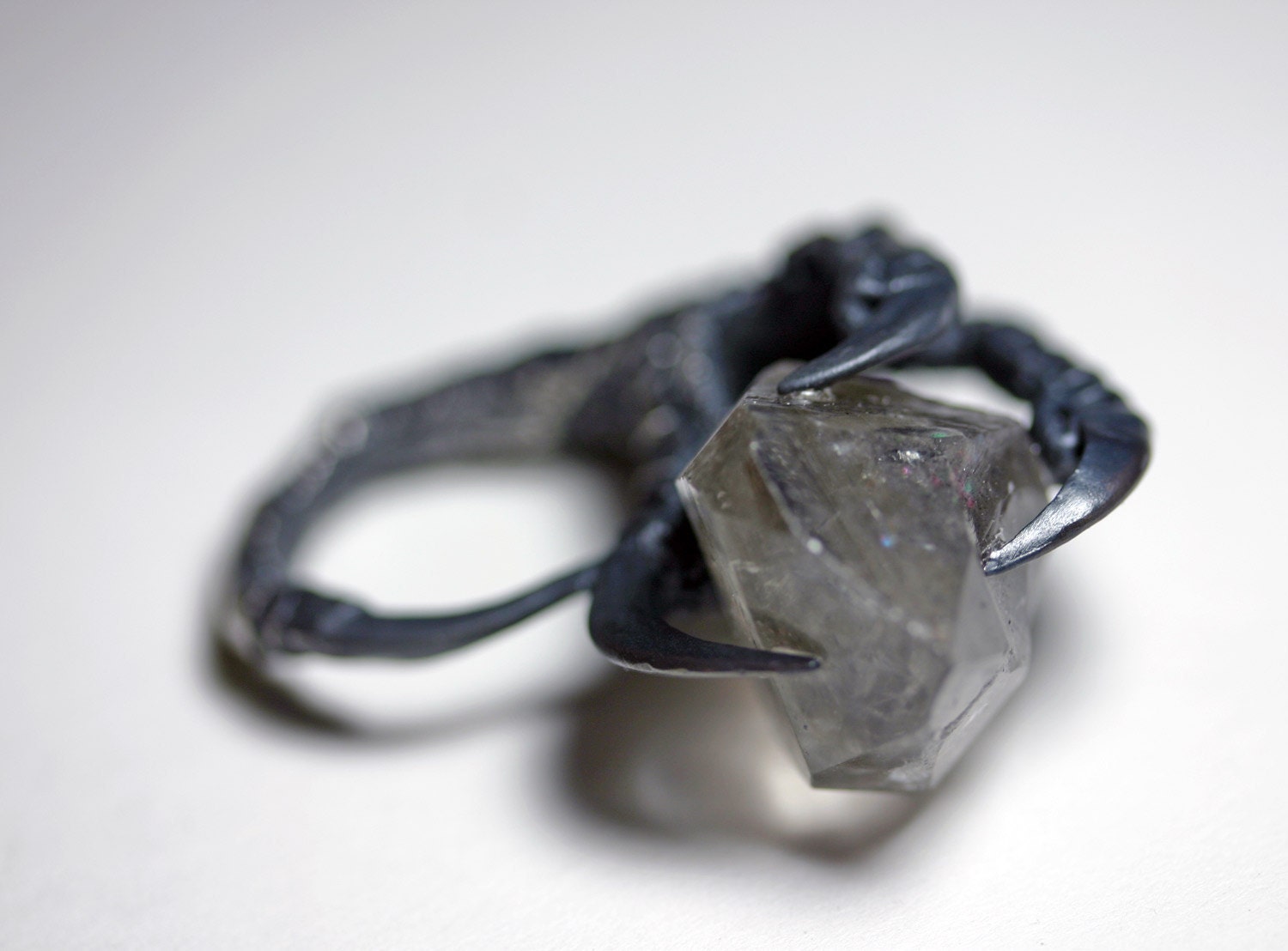 the messenger. crow claw & quartz crystal ring. sterling silver.