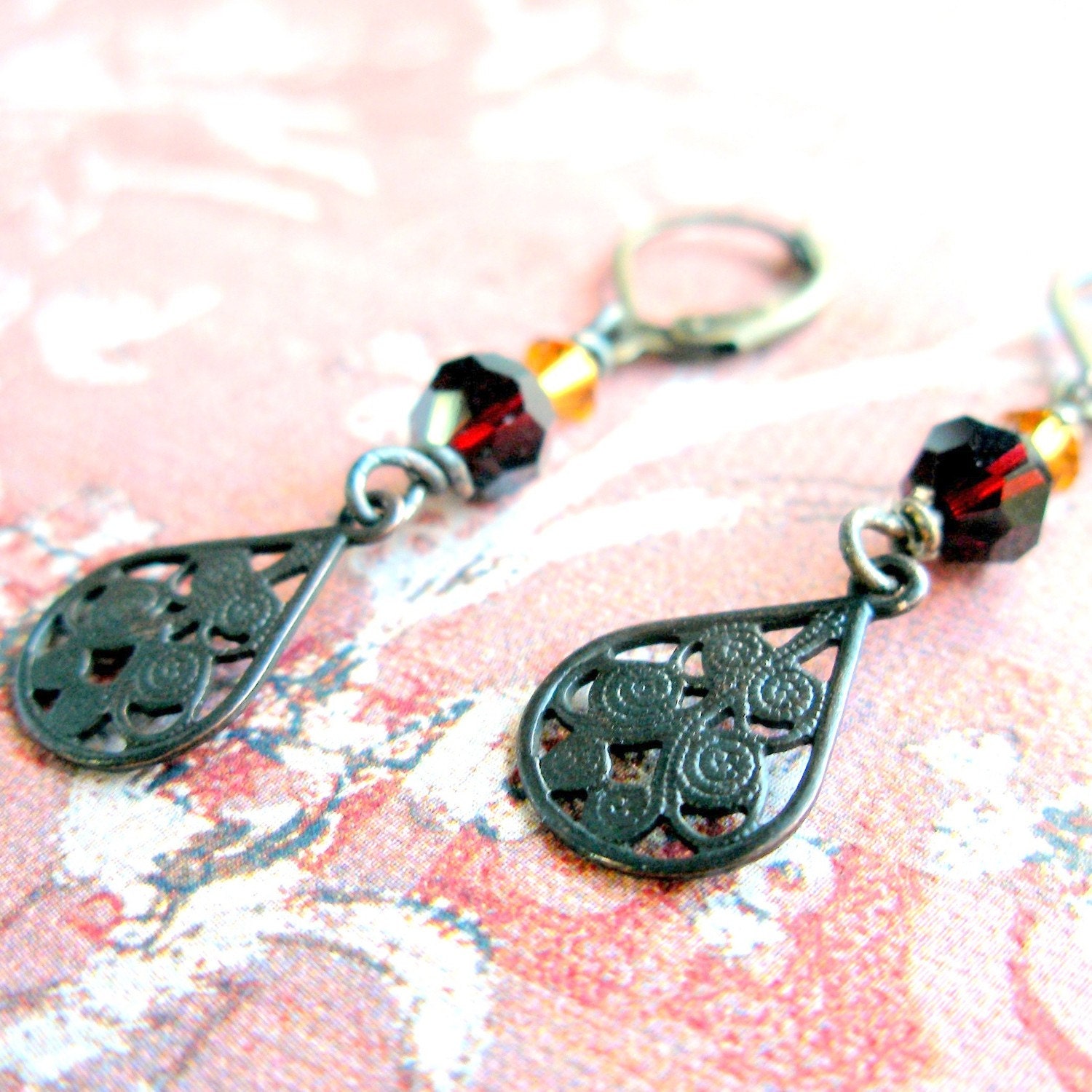 Blood red and amber Swarovski Crystal Earrings