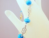 Bracelet - Blue Glass Beads with Sterling Silver Hearts