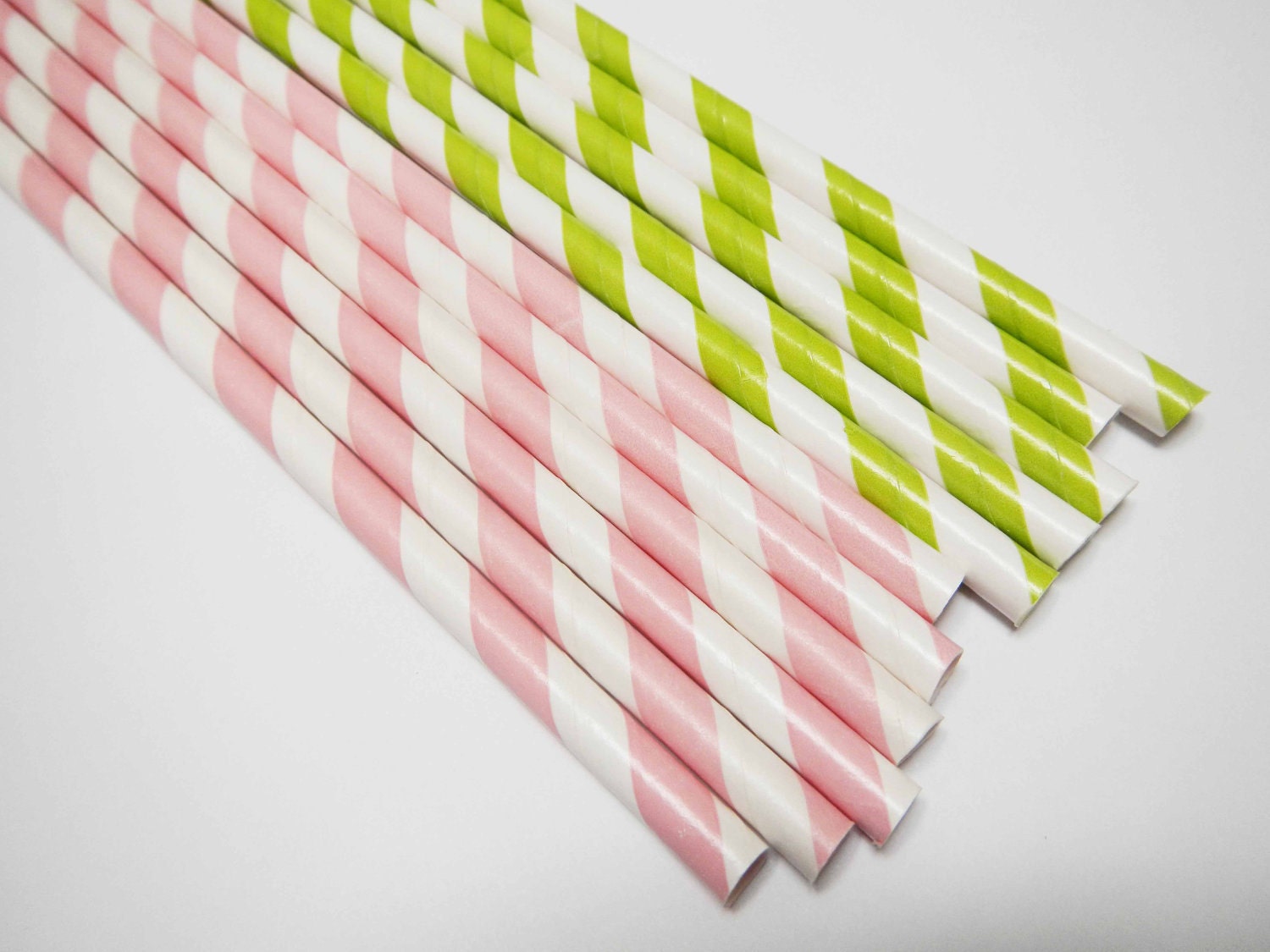 60 Baby Pink & Lime Green White Striped Paper Straws - Parties, weddings, graduations  FREE DIY Flags