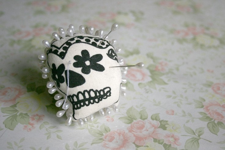 Skull wrist pin cushion - screenprinted with adjustable strap