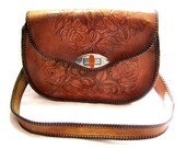 Handbag Purse, BrownTooled Leather, Vintage